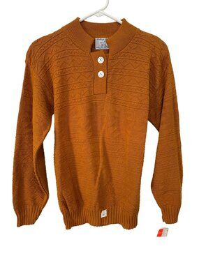 Vintage 80s College Point Henley Sweater Medium Rust Orange Knit Deadstock NEW